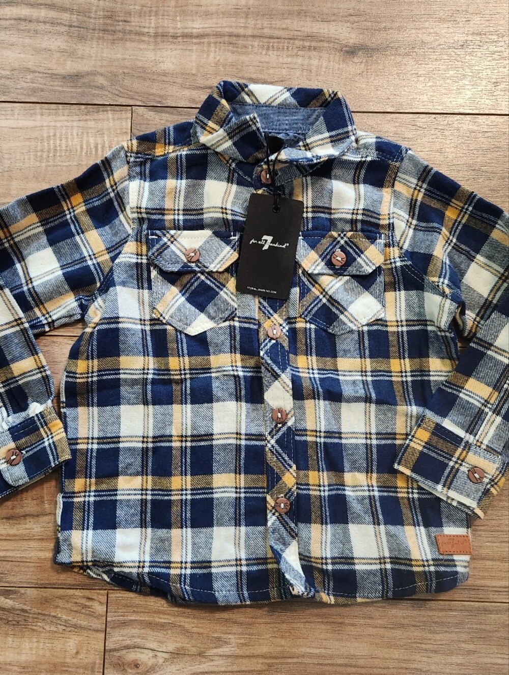 NWT 7 For All Mankind Boys 12 Months Plaid Button Shirt Blue Yellow